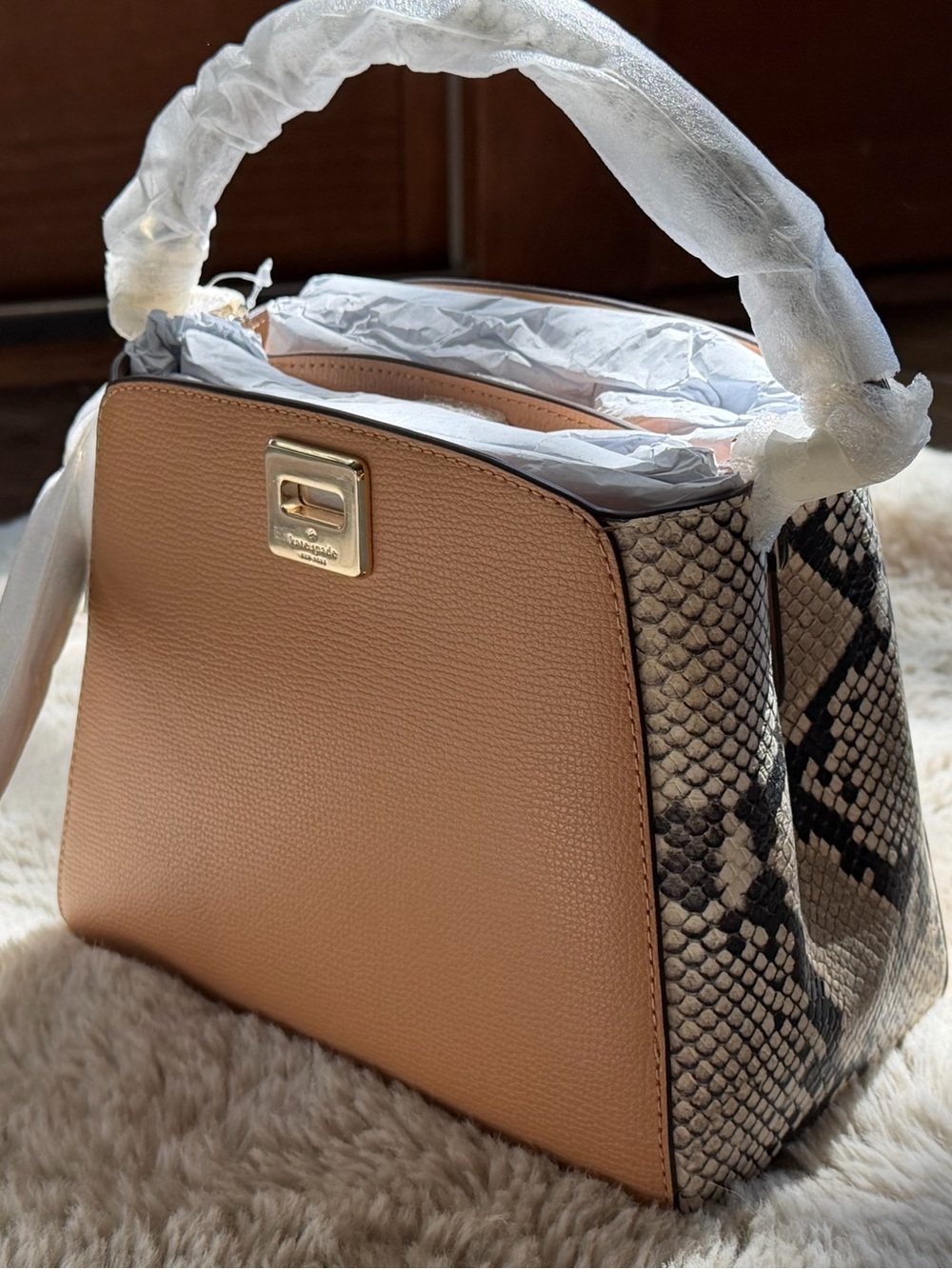 Kate Spade Leather Top-Handle Handbag in Tan with Snake-Print Panels